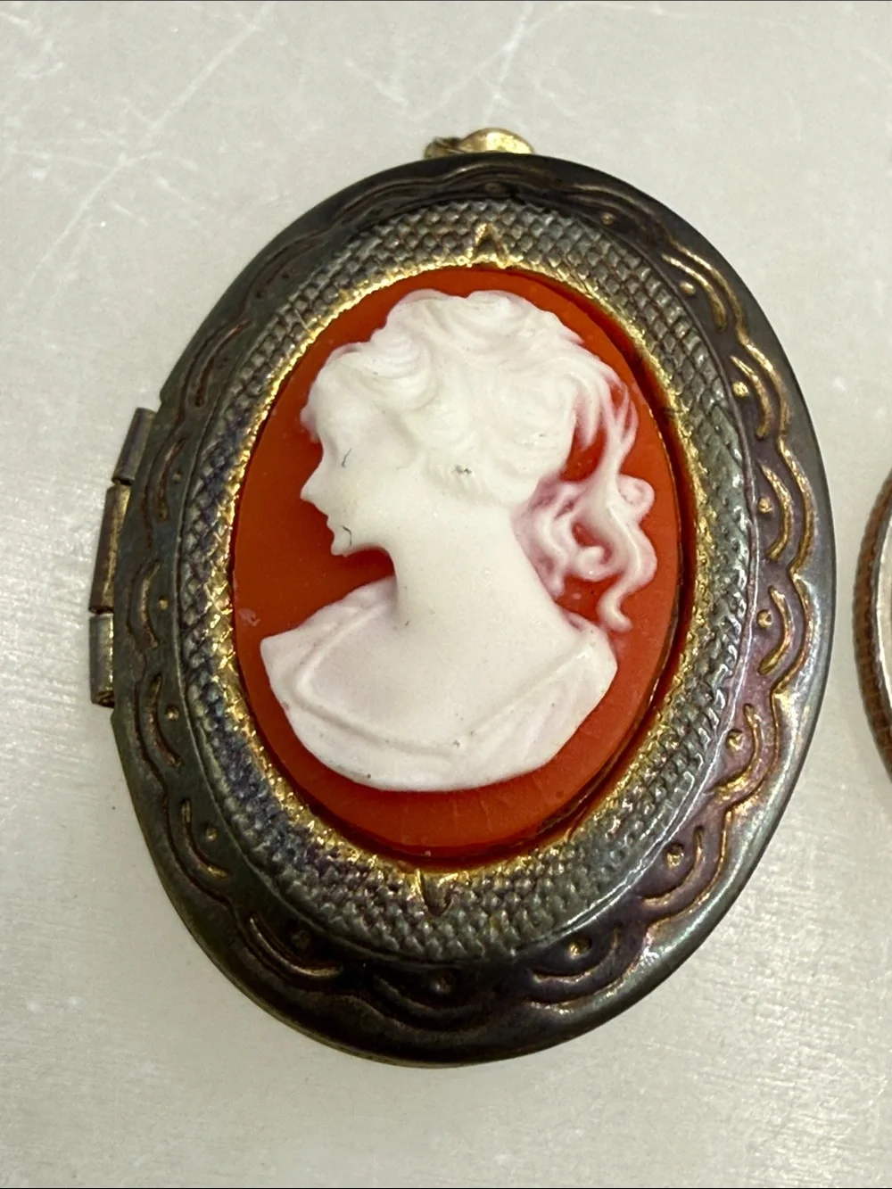 Vintage Classic White Cameo Coral lucite distressed Locket Pendant charm